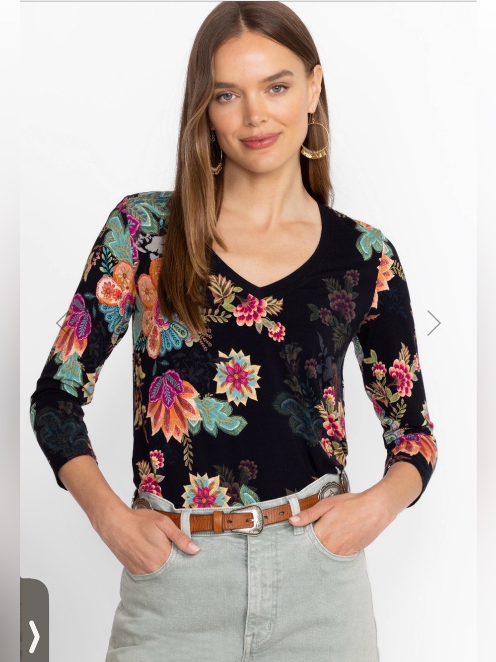 Johnny Was The Janie Favorite Floral 3/4 Sleeve V-Neck Relaxed Bodice Tee Medium